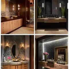 A collection of powder room and bathroom vanity ideas, showcasing different styles from dark and moody to bright and modern.