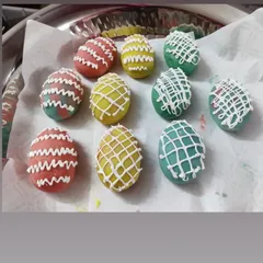 A close-up of the detailed piping work on my marzipan Easter eggs. Each one is decorated by hand to create these beautiful patterns.