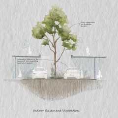 A diagram illustrating our concept for indoor basement vegetation. By designing for flora integration, we can improve the experiential quality of underground spaces like parking areas, introducing nature and biophilic design principles where they are least expected.