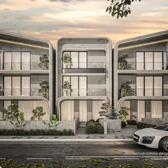 A frontal view of the Goa residence concept, showcasing the symmetrical yet fluid design. The winged roofline and rounded corners give the structure a sense of movement, perfect for its coastal setting.