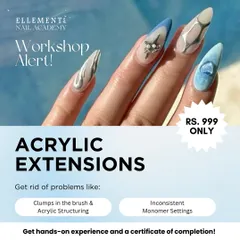 Perfect your acrylics with my targeted workshop. For only Rs. 999, I'll teach you how to avoid clumps, manage monomer settings, and structure acrylics flawlessly. This course includes hands-on practice and a certificate.