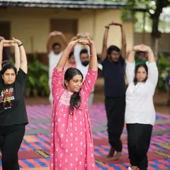 Morning yoga practice during a sound healing retreat in Namma Bengaluru.