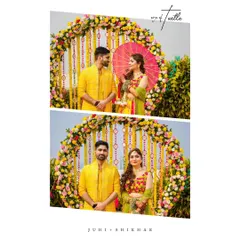 A cute collage from a Haldi or Mehendi ceremony. These shots capture the couple's sweet interactions, from a shared glance to a formal pose against the floral decor.