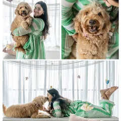 A collage from a Mother's Day mini-session featuring a woman and her adorable Goldendoodle. The photos are filled with hugs, kisses, and happy smiles.