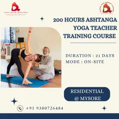 This is an advertisement for our 200-hour Ashtanga Yoga Teacher Training Course in Mysore. It highlights the residential nature of the program, which includes food and accommodation.