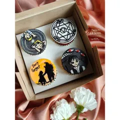 As a huge anime fan myself, I had the best time making these Fullmetal Alchemist themed cupcakes. Each topper is a hand-crafted fondant piece, featuring iconic characters and symbols from the series. If you have a favorite show, I can bring it to life.