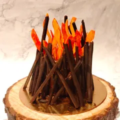 A Lohri themed cake designed to look like a bonfire. The 'logs' are made of chocolate sticks and the 'flames' are crafted from colored sugar work, all sitting on an edible wood-slice base.
