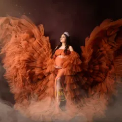 An ethereal fine art portrait in a burnt orange trail gown. The dress forms magnificent wings, and the mom-to-be wears a crown, surrounded by a dreamy mist for a queenly effect.