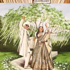 A closer look at the finished live painting for Prajakta Koli and Vrishank Khanal. We focused on capturing the energy and happiness of their celebration in every detail.