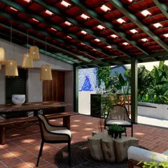 We believe in dissolving the lines between indoors and outdoors. This landscaped terrace for HAUS 5 in Bengaluru features a traditional Mangalore tile roof, brick flooring, and a custom live-edge table, creating a tropical yet modern space for relaxation and work.
