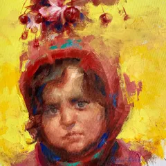 This finished portrait of a Gujjar tribe child from Kashmir is a powerful example of my thematic work. It uses a vibrant background and expressive impasto to highlight the subject's innocence and the cultural narrative she represents.