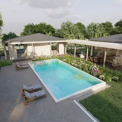 This 3D render visualizes the poolside experience for an Alibag villa project. We designed a resort style landscape with palm trees and flowering shrubs surrounding the pool, creating a perfect setting for relaxation and entertainment.