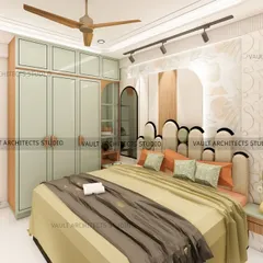 A 3D render of a magical kids' room. I designed this space to be playful yet practical, with a unique arched headboard, ample storage, and a soothing color scheme.