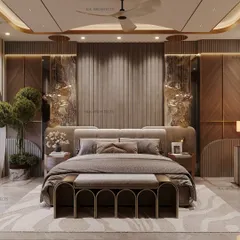 We designed this master bedroom for a young couple, focusing on warmth and modern elegance. The space features rich veneer, seamless mirror detailing, and a stunning fabric bed panel to create a stylish, personal sanctuary.