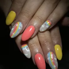 These nails are just too cute. The design includes hand-painted rainbows, clouds, and heart-shaped balloons for a super adorable summer look.