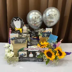 Our fully loaded Groom To Be Hamper! It's packed with his favorite snacks, personalized notes, photos, balloons, and fresh sunflowers to brighten his day.