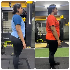 The side view of the same two-month transformation. You can see the improvement in her posture and a reduction in her overall size.