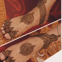 A minimal mandala design for the feet. This collage shows the fresh henna paste and the resulting beautiful stain, highlighting the simple elegance of the circular pattern.