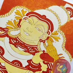 The next step in the Meenakshi mural. I've added the red details to her clothing and ornaments, creating a beautiful contrast with the yellow and white. Each color brings her more to life.