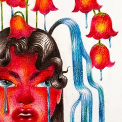 Another detail shot, focusing on the character's expressive eyes and the cascading waterfalls.