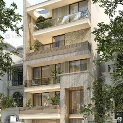 An angled view of a 247 sq. yard home in Prashant Vihar, blending classical stone textures with modern forms. The circular opening on the terrace roof is a contemporary twist on a classic dome or oculus.