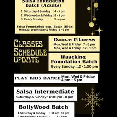 Our updated class schedule provides a clear overview of all our batches. This includes timings for our Play Kids Dance, Kids Salsa Foundation, and other dance fitness programs.