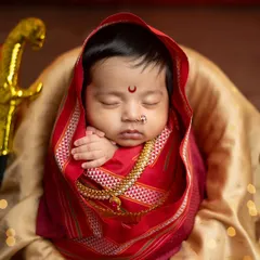 A close-up shot focusing on the peaceful expression of the baby, adorned with a bindi and nose ring for the Jijabai theme. The soft lighting highlights her delicate features.