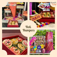 My Holi Hampers are curated to capture the spirit of the festival. This collage shows a few options, including boxes of colorful mini gujiyas, chaat-themed trays, and hampers that even include organic gulal and pichkaris for the complete Holi dhamaal.