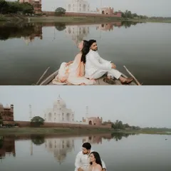 Two poses from a boat on the Yamuna river, offering different perspectives of the couple against the majestic Taj Mahal, capturing both posed and candid feelings.