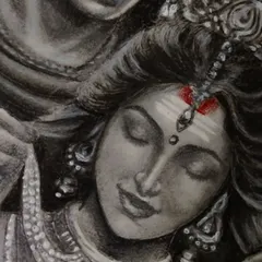 A close-up detail shot of my Shiva and Parvati artwork. You can see the subtle shading on Parvati's face and the delicate touch of red on her forehead, adding a hint of color to the monochrome piece.