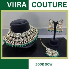 The complete bridal jewellery set, featuring a necklace, earrings, and Maang Tikka. This stunning Kundan set is now available for rent.
