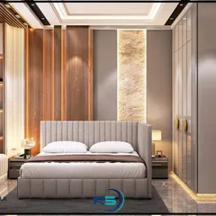 This bedroom design combines different textures for a rich, layered look. It features a comfortable upholstered bed, a stone accent wall, and high-gloss wardrobes, all tied together by a neutral color scheme.