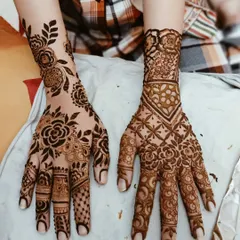 Here are two different hands, one with a bold Arabic floral vine and the other with a more geometric Indian pattern. This shows how I can create complementary yet distinct designs for groups.