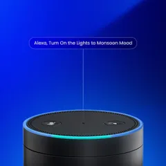 You can even set custom moods with your voice. This graphic shows a user asking Alexa to turn on "Monsoon Mood" lighting, creating a unique ambiance instantly.