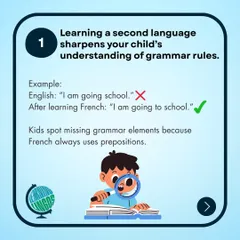 Here's one way learning a second language helps with English. French grammar rules, like the consistent use of prepositions, help children spot and correct similar errors in their English sentences.
