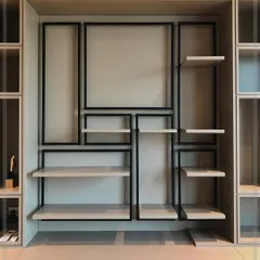 Our modular magic transforms spaces. This detail shot shows the PU-finished library unit with a geometric black metal shelving insert, where our design meets bespoke functionality.