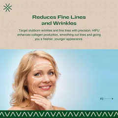 This visual illustrates how HIFU targets and reduces fine lines and wrinkles. By enhancing collagen production, the treatment smoothes out lines on the forehead and around the eyes for a fresher appearance.
