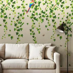 A light and airy tropical design featuring hanging vines and a colorful parrot. This wallcovering brings a touch of nature indoors without overwhelming the space, perfectly pairing with the neutral sofa.