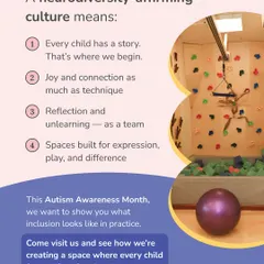 This is what a neurodiversity-affirming culture looks like in practice. Our therapy spaces, like the climbing wall and foam pit shown here, are designed for expression, play, and difference. We believe in creating an environment where every child feels safe and celebrated for who they are.