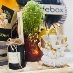 A closer look at the spiritual and natural elements of our corporate hamper. The Ganesha idol blesses the new venture, while the live plant and scented diffuser create a calm and positive workspace environment.