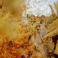 A shower of gold and blessings. This action shot freezes the peak moment of a Haldi celebration, where the air is filled with marigold petals. It represents the overwhelming joy and energy that surrounds the couple.