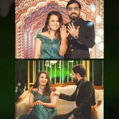 The moment they got engaged. This collage shows the couple proudly displaying their rings and a romantic moment with the groom offering a rose.