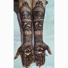 This is a classic bridal mehendi design featuring majestic elephants, a symbol of good luck and prosperity. I balanced the bold animal figures with delicate lotus bands and geometric patterns for a rich, detailed look.