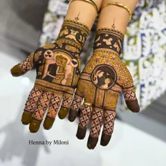 A heartwarming baby shower mehendi design. This one features a sweet portrait of the expecting couple and another of the mother with her baby, capturing the love and anticipation of this special time.