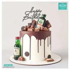 I love bringing your unique ideas to life, like this fun birthday cake for a whiskey enthusiast. This custom creation features a rich chocolate drip, chocolate bar decorations, and miniature bottles of Jameson and Jägermeister for a truly personal touch.