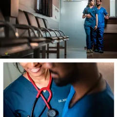 A maternity shoot that tells the story of two doctors in love. This collage captures them in their work environment, with a close up on the stethoscope near the baby bump, creatively blending their personal and professional lives.