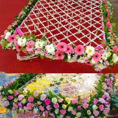 A collage showing two of our phoolon ki chadar designs made with real flowers. We can create custom arrangements, like the top design with pink and white gerberas or the bottom one with a mix of roses.