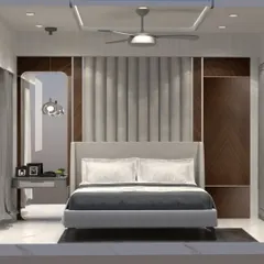 A 3D render of a sophisticated master bedroom. We use these visuals to finalize the design, including the padded headboard, wood-paneled wall, and custom ceiling with integrated lighting.