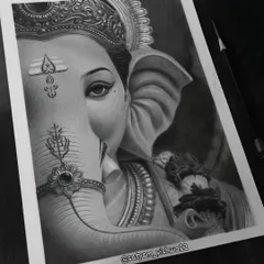 An artistic take on Lord Ganesha, focusing on the intricate details of his eye and the tilak on his forehead. This hyper-realistic pencil sketch is a popular choice for bringing blessings and removing obstacles from a new home or office.