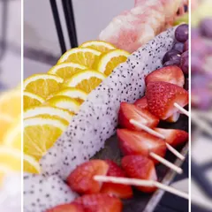 We believe in freshness you can see and taste. This platter features a vibrant assortment of sliced exotic fruits like dragon fruit, oranges, and strawberries, perfect for a healthy and refreshing option.